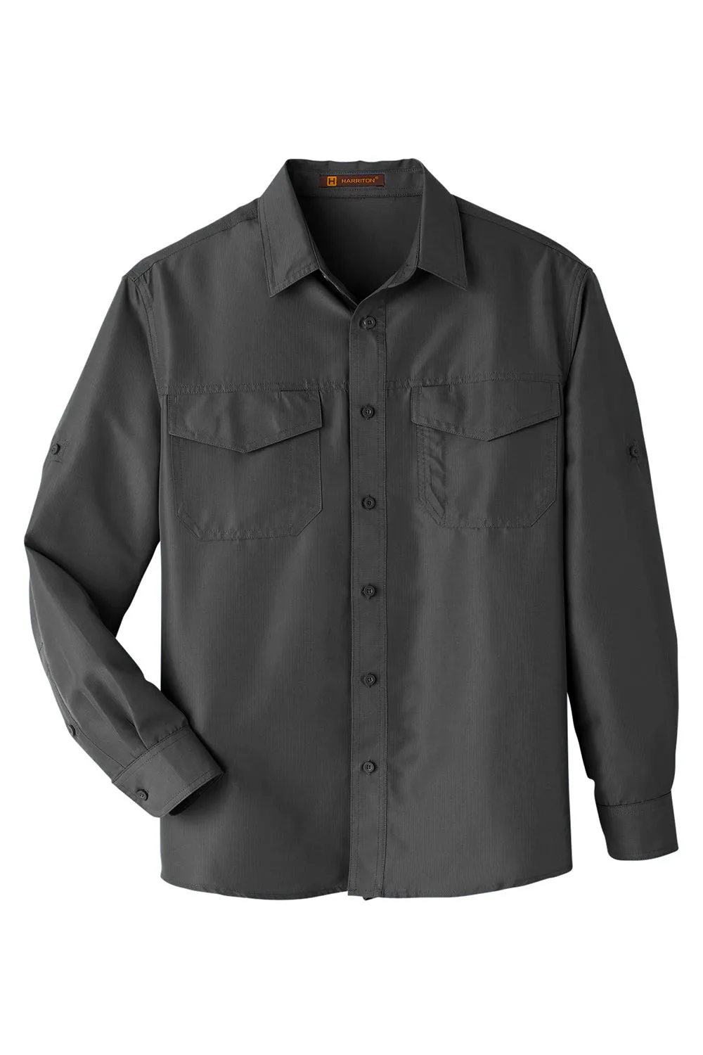 Harriton Mens Key West Performance Moisture Wicking Long Sleeve Button Down Shirt w/ Double Pockets - Dark Charcoal Grey