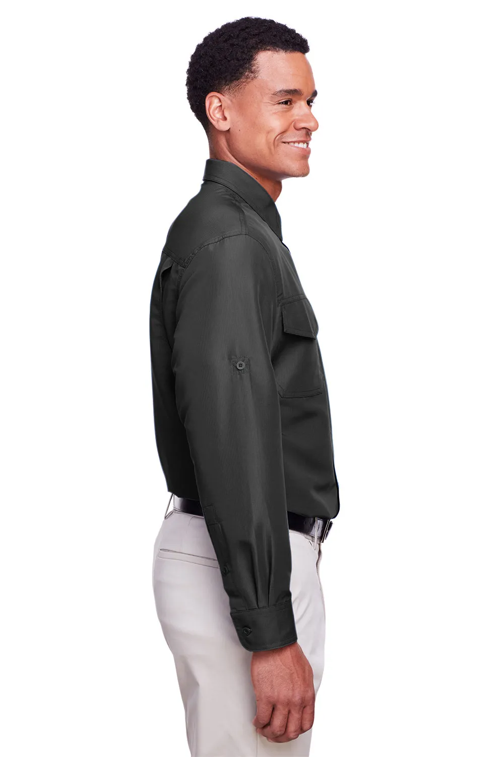 Harriton Mens Key West Performance Moisture Wicking Long Sleeve Button Down Shirt w/ Double Pockets - Dark Charcoal Grey