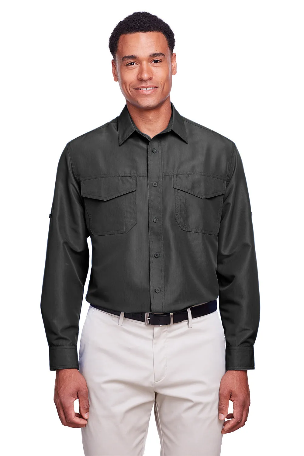 Harriton Mens Key West Performance Moisture Wicking Long Sleeve Button Down Shirt w/ Double Pockets - Dark Charcoal Grey