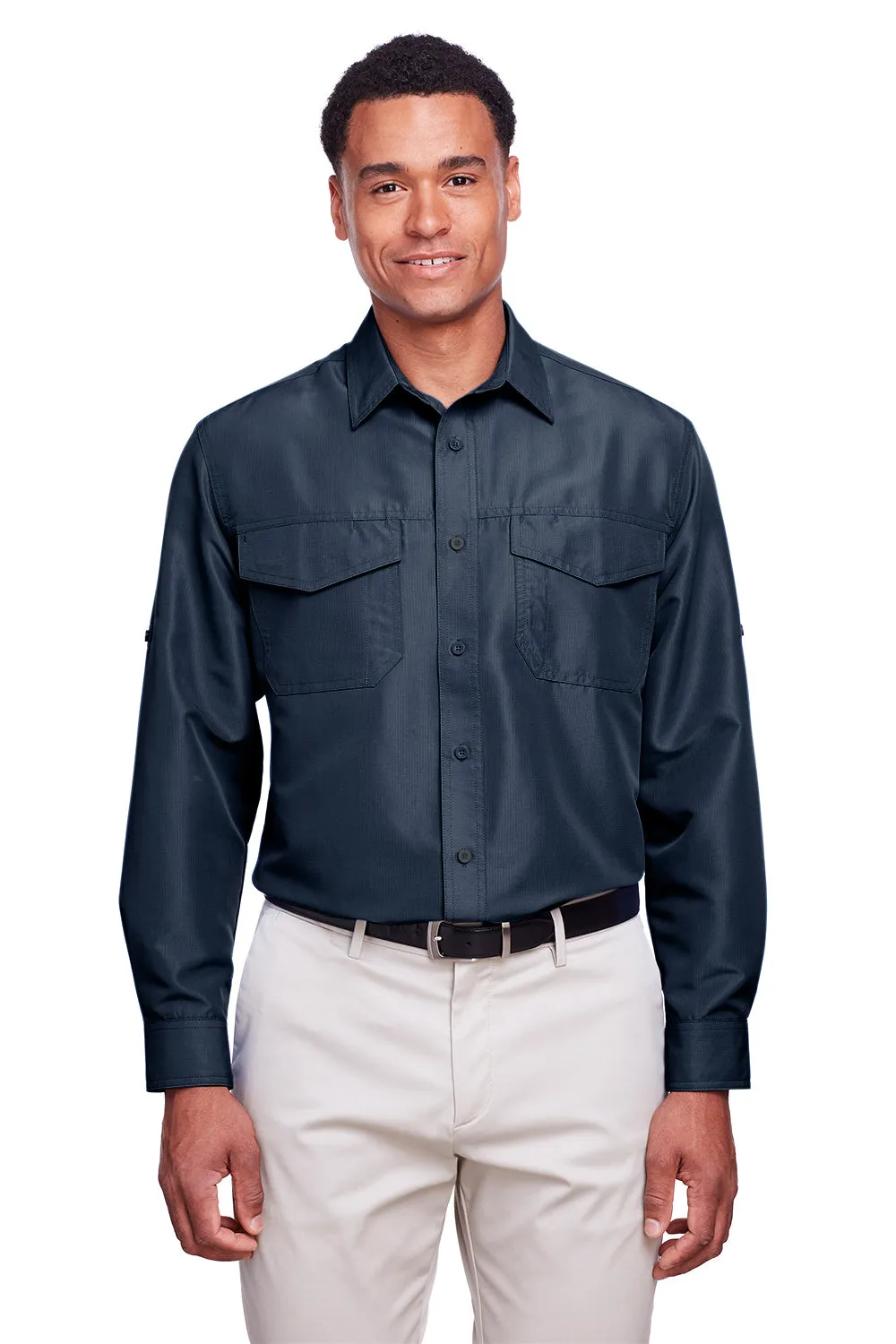 Harriton Mens Key West Performance Moisture Wicking Long Sleeve Button Down Shirt w/ Double Pockets - Navy Blue