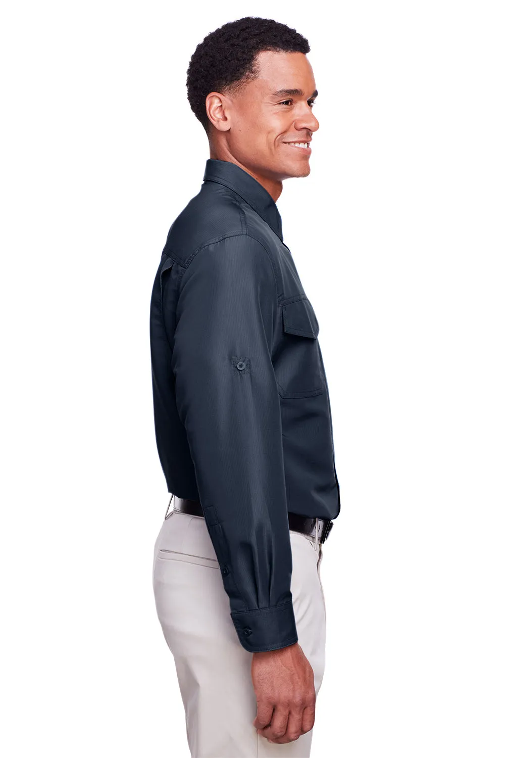 Harriton Mens Key West Performance Moisture Wicking Long Sleeve Button Down Shirt w/ Double Pockets - Navy Blue