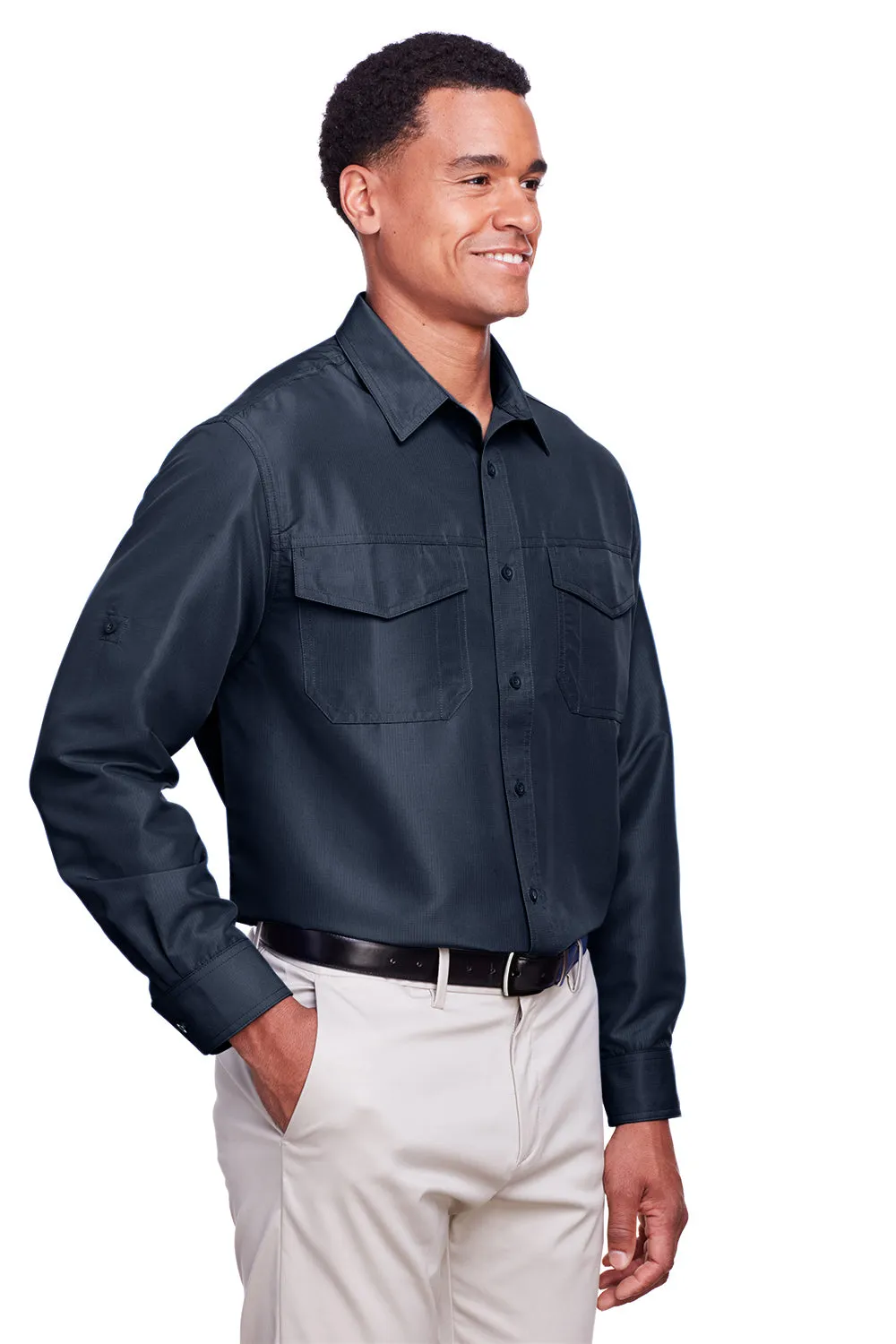 Harriton Mens Key West Performance Moisture Wicking Long Sleeve Button Down Shirt w/ Double Pockets - Navy Blue