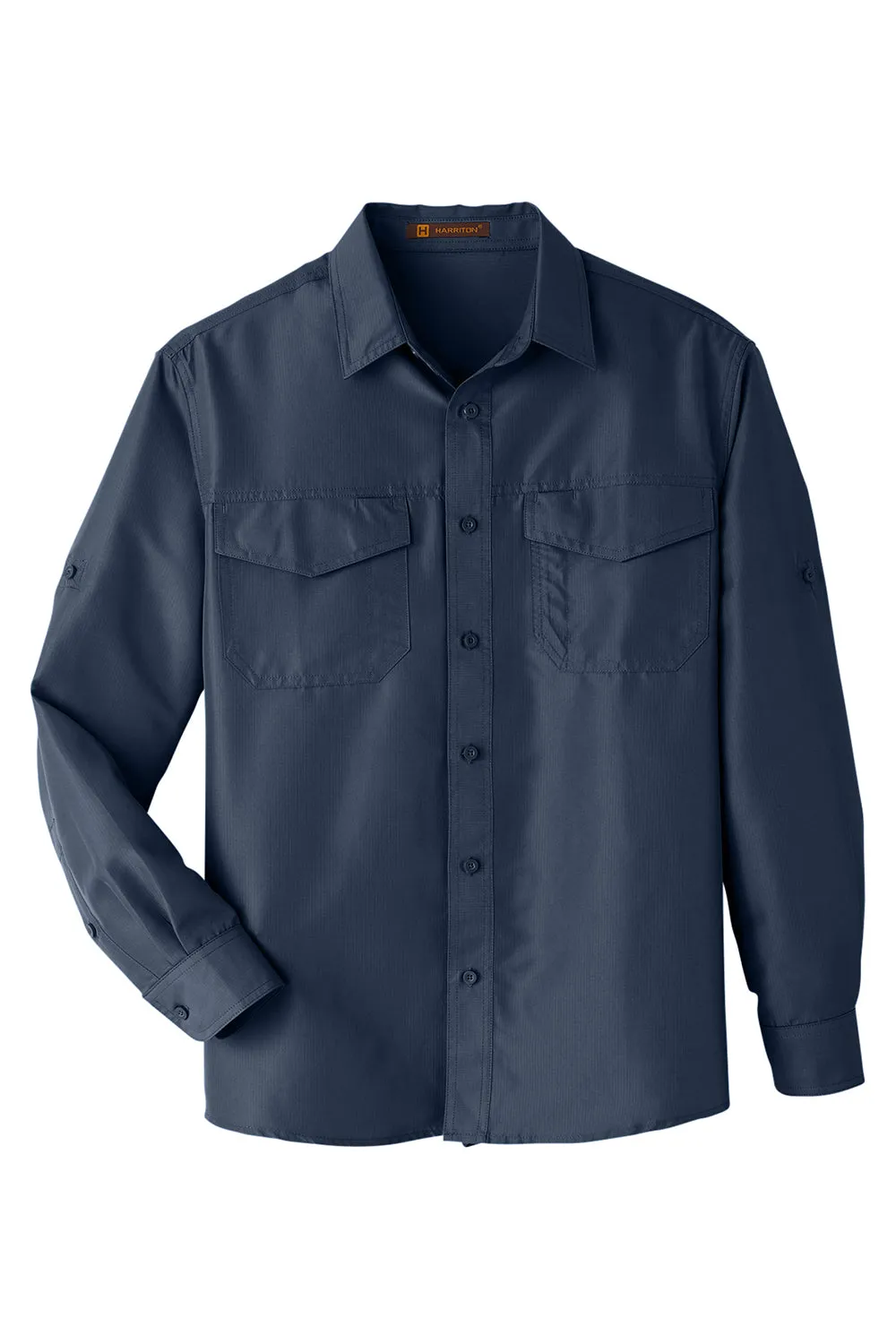 Harriton Mens Key West Performance Moisture Wicking Long Sleeve Button Down Shirt w/ Double Pockets - Navy Blue