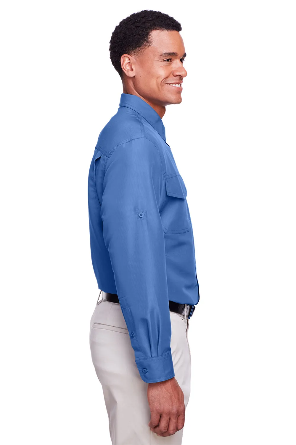 Harriton Mens Key West Performance Moisture Wicking Long Sleeve Button Down Shirt w/ Double Pockets - Pool Blue