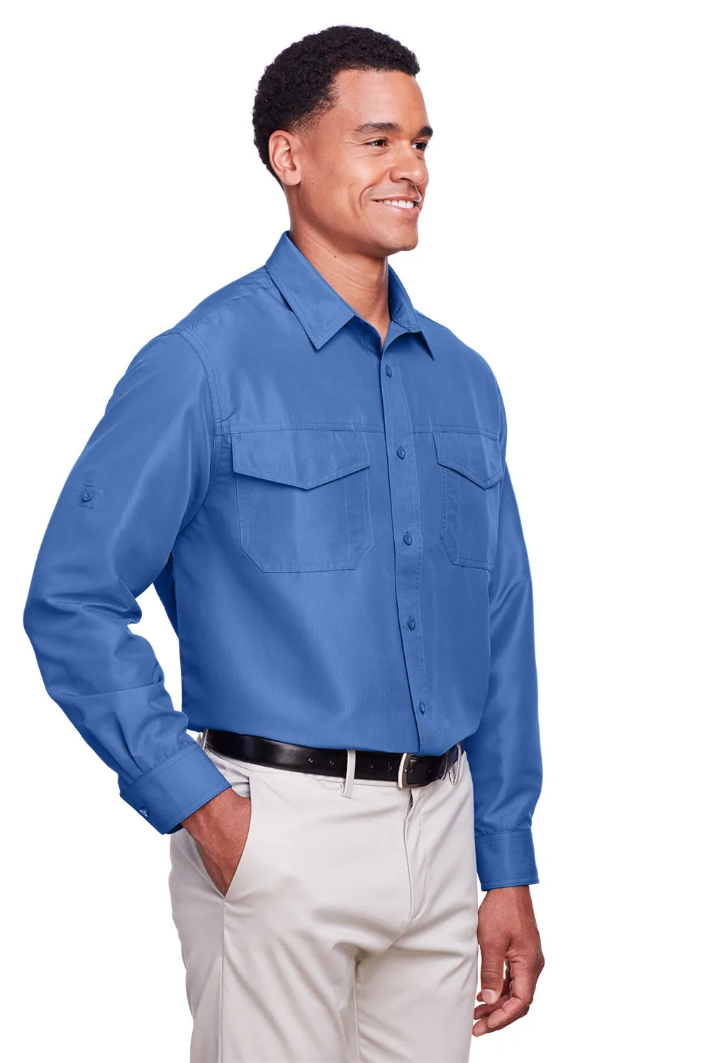 Harriton Mens Key West Performance Moisture Wicking Long Sleeve Button Down Shirt w/ Double Pockets - Pool Blue