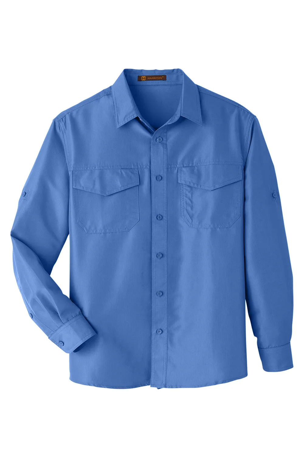 Harriton Mens Key West Performance Moisture Wicking Long Sleeve Button Down Shirt w/ Double Pockets - Pool Blue