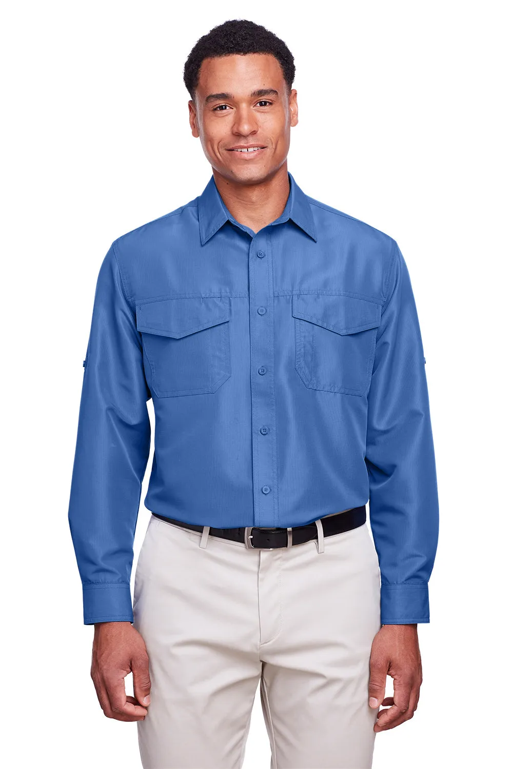 Harriton Mens Key West Performance Moisture Wicking Long Sleeve Button Down Shirt w/ Double Pockets - Pool Blue