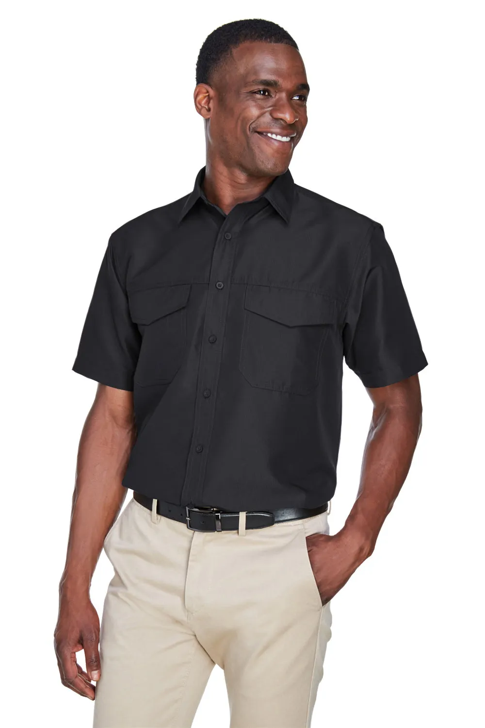 Harriton Mens Key West Performance Moisture Wicking Short Sleeve Button Down Shirt w/ Double Pockets - Black