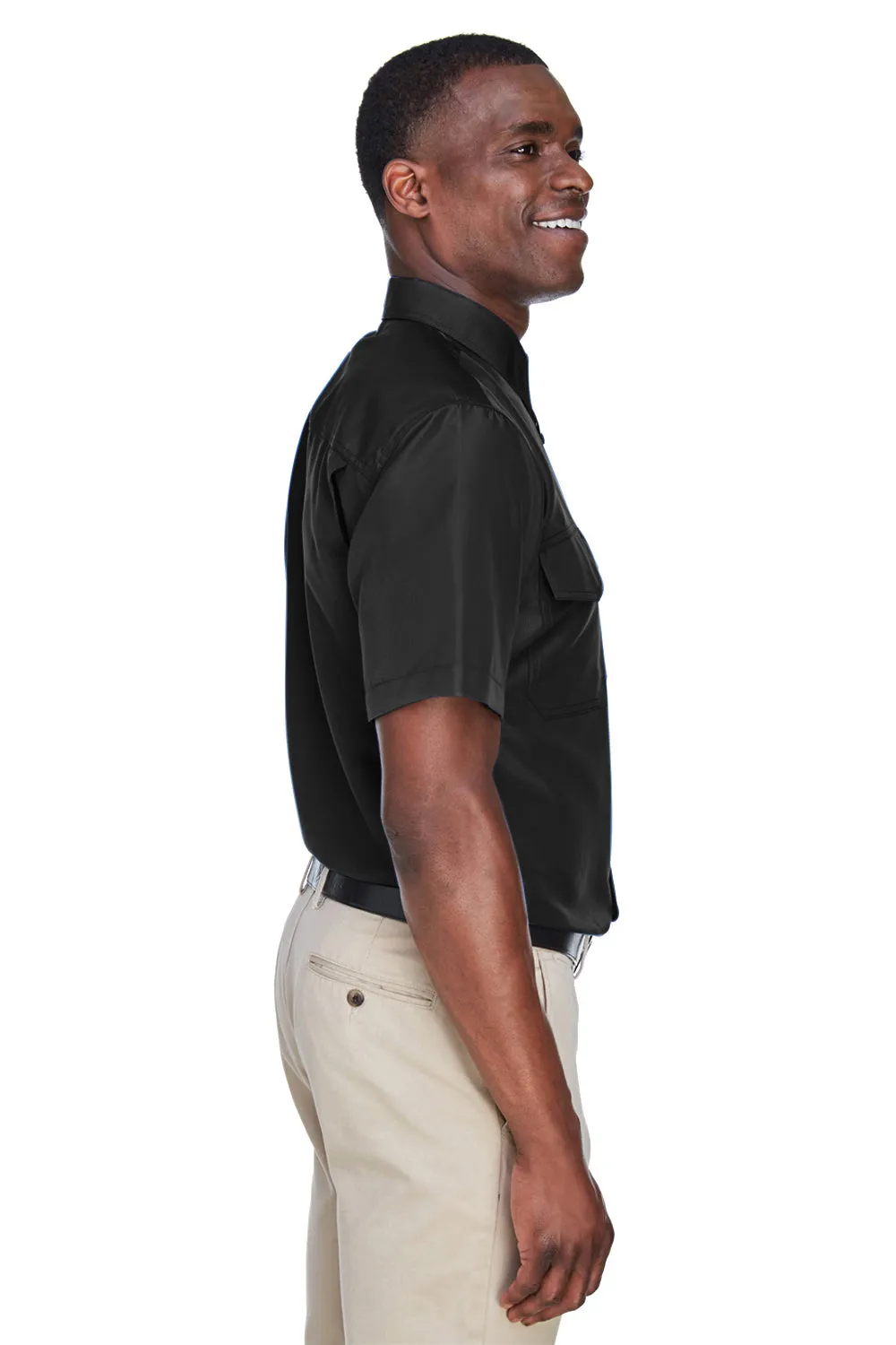 Harriton Mens Key West Performance Moisture Wicking Short Sleeve Button Down Shirt w/ Double Pockets - Black