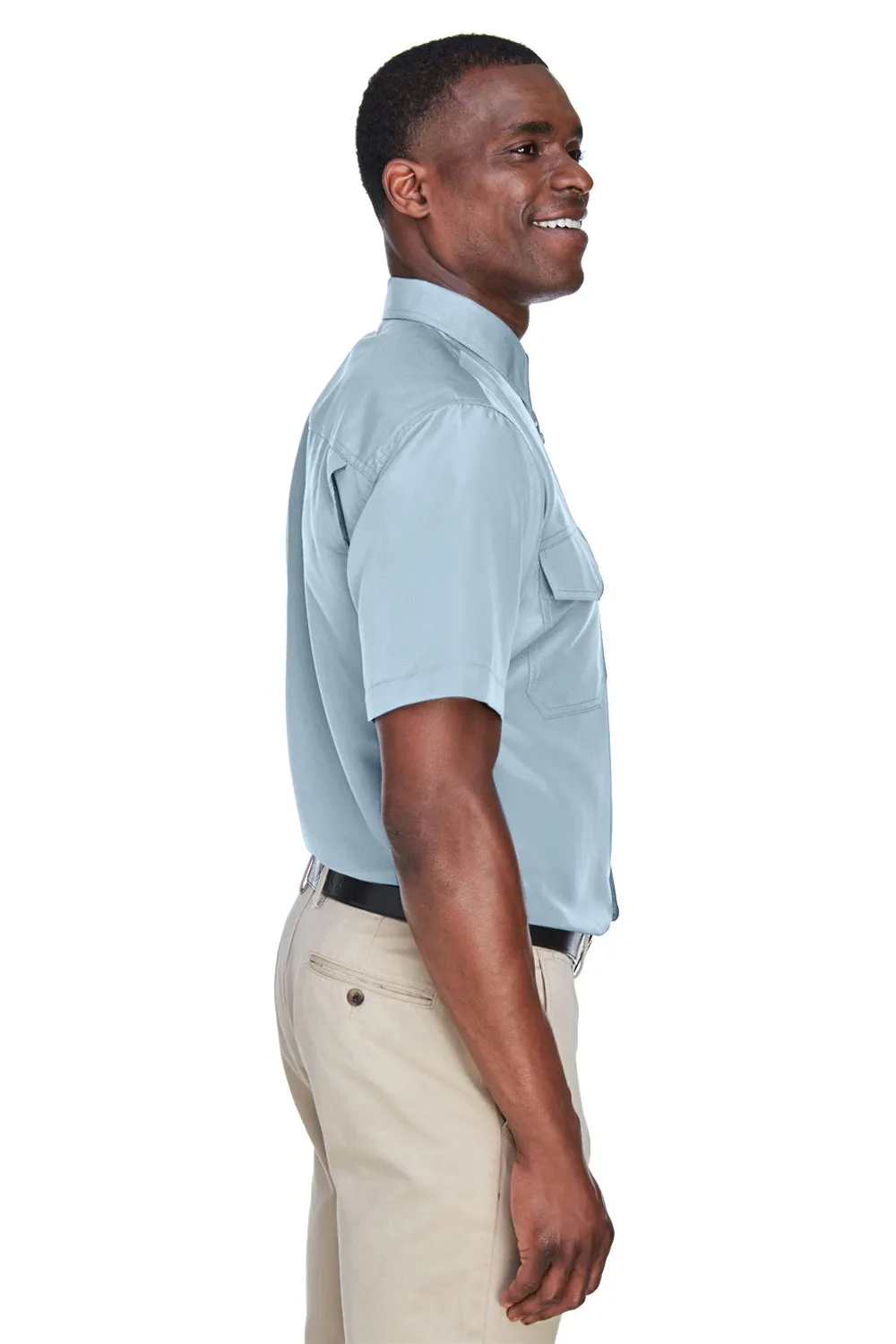 Harriton Mens Key West Performance Moisture Wicking Short Sleeve Button Down Shirt w/ Double Pockets - Cloud Blue