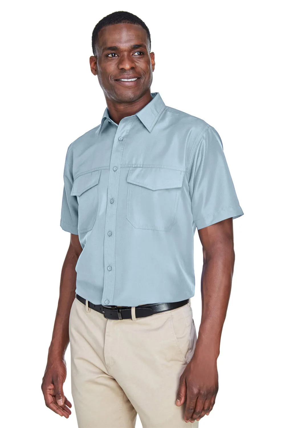 Harriton Mens Key West Performance Moisture Wicking Short Sleeve Button Down Shirt w/ Double Pockets - Cloud Blue