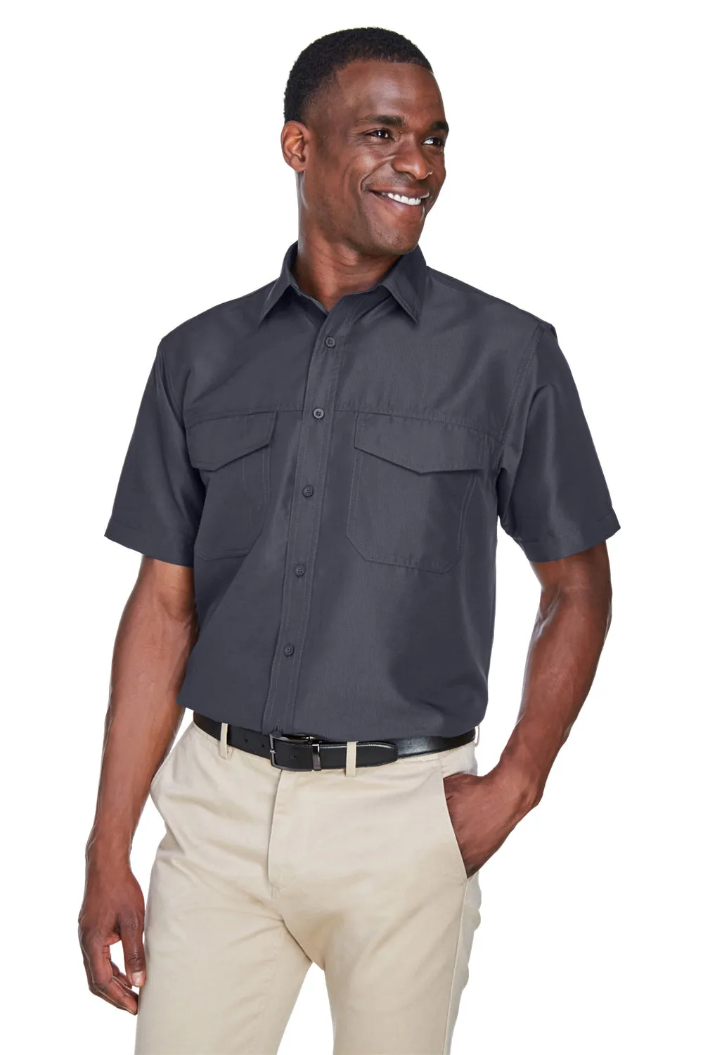 Harriton Mens Key West Performance Moisture Wicking Short Sleeve Button Down Shirt w/ Double Pockets - Dark Charcoal Grey