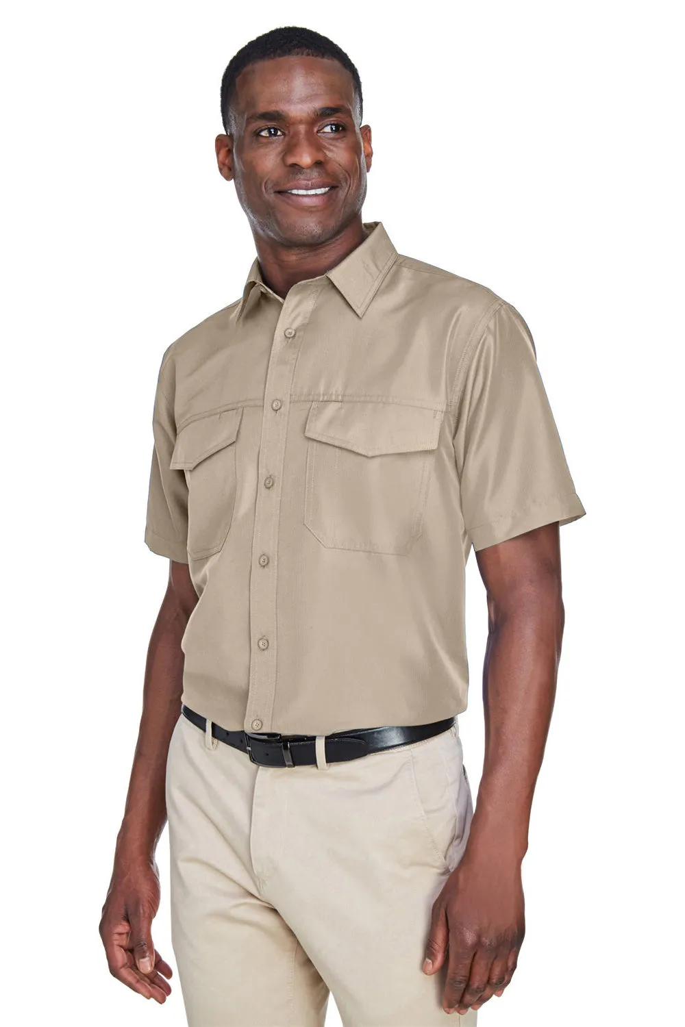 Harriton Mens Key West Performance Moisture Wicking Short Sleeve Button Down Shirt w/ Double Pockets - Khaki