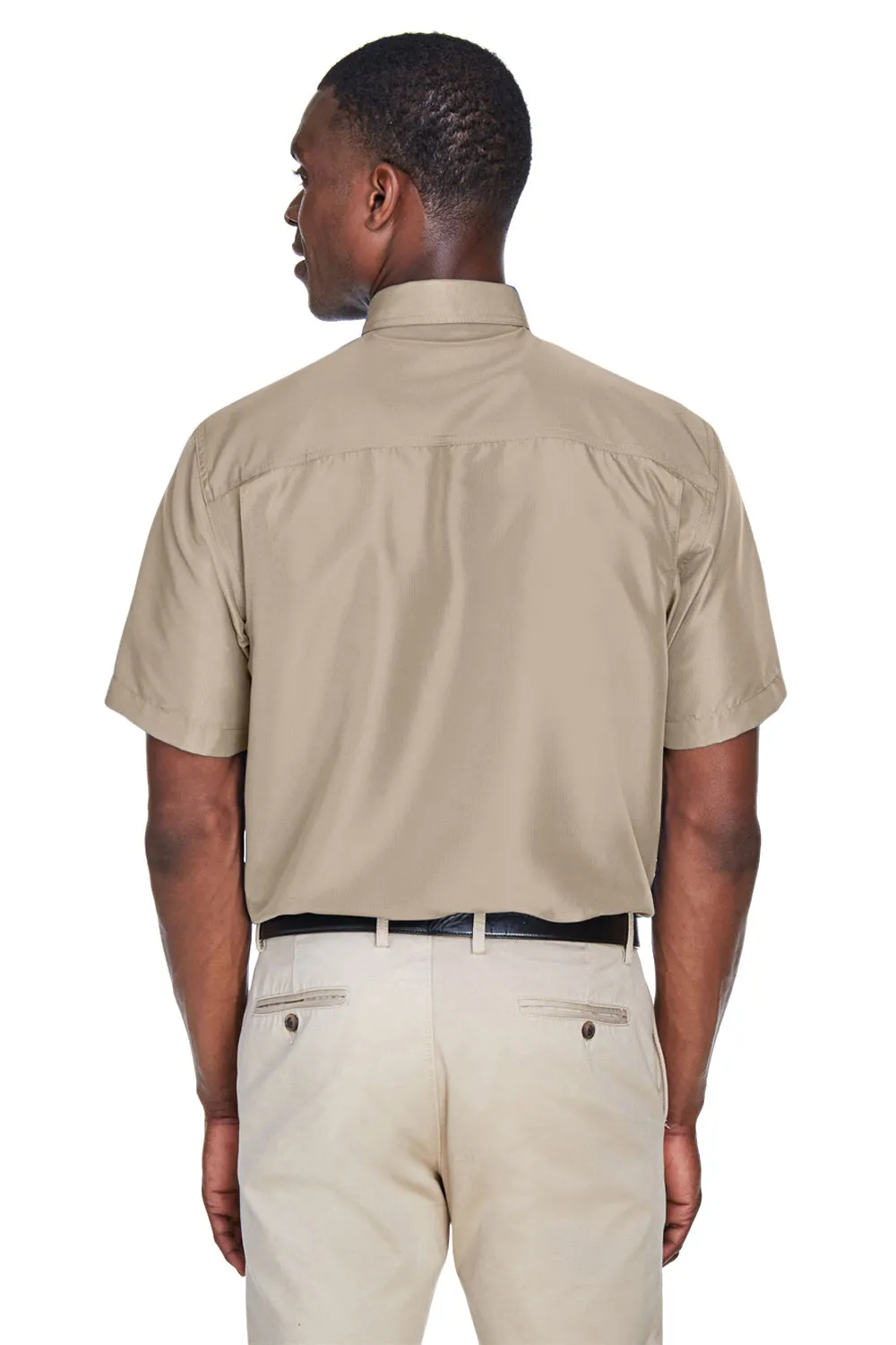 Harriton Mens Key West Performance Moisture Wicking Short Sleeve Button Down Shirt w/ Double Pockets - Khaki