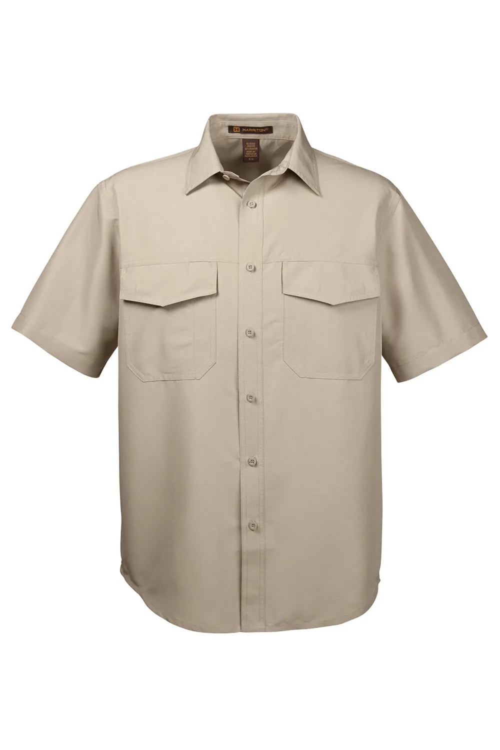 Harriton Mens Key West Performance Moisture Wicking Short Sleeve Button Down Shirt w/ Double Pockets - Khaki