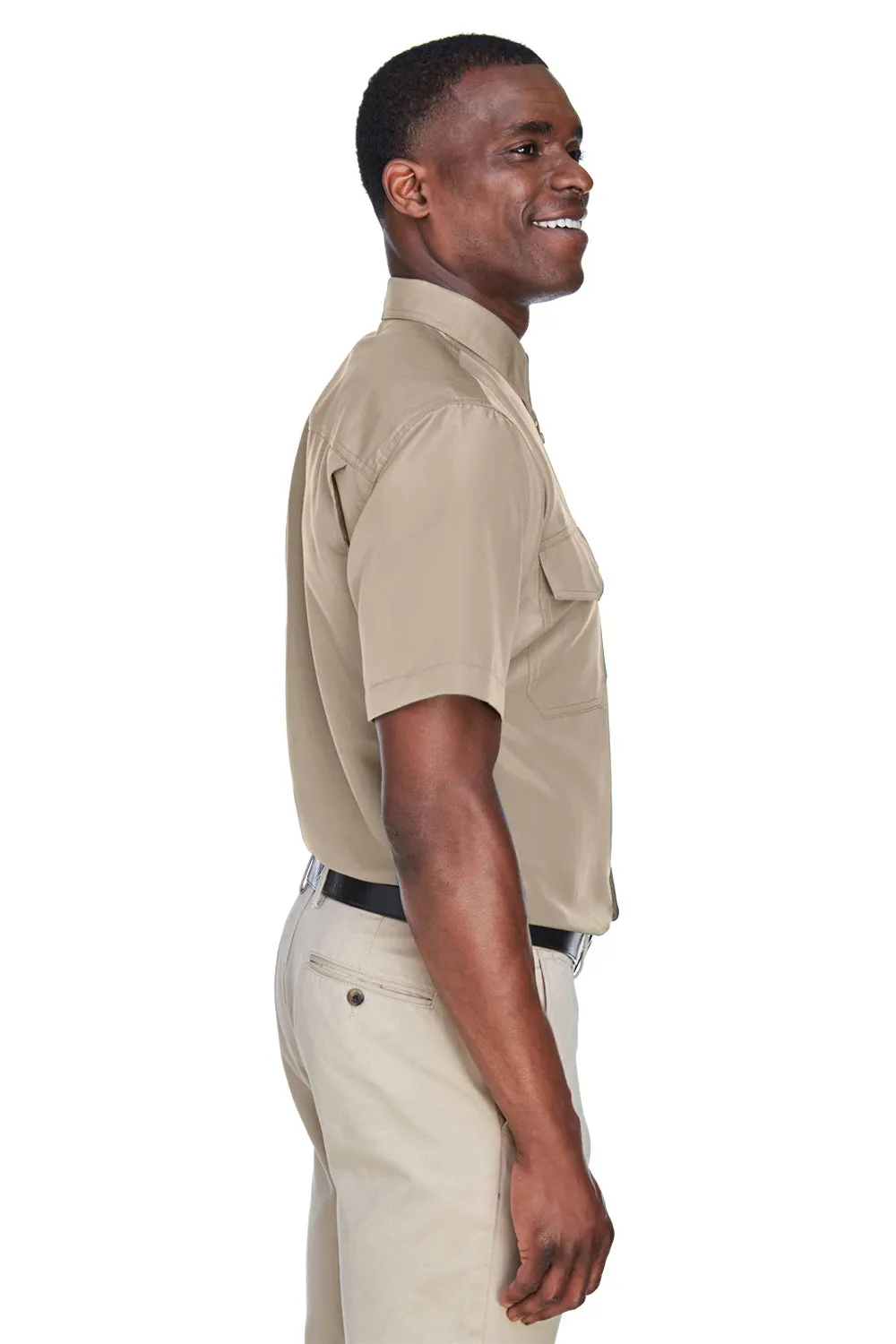 Harriton Mens Key West Performance Moisture Wicking Short Sleeve Button Down Shirt w/ Double Pockets - Khaki
