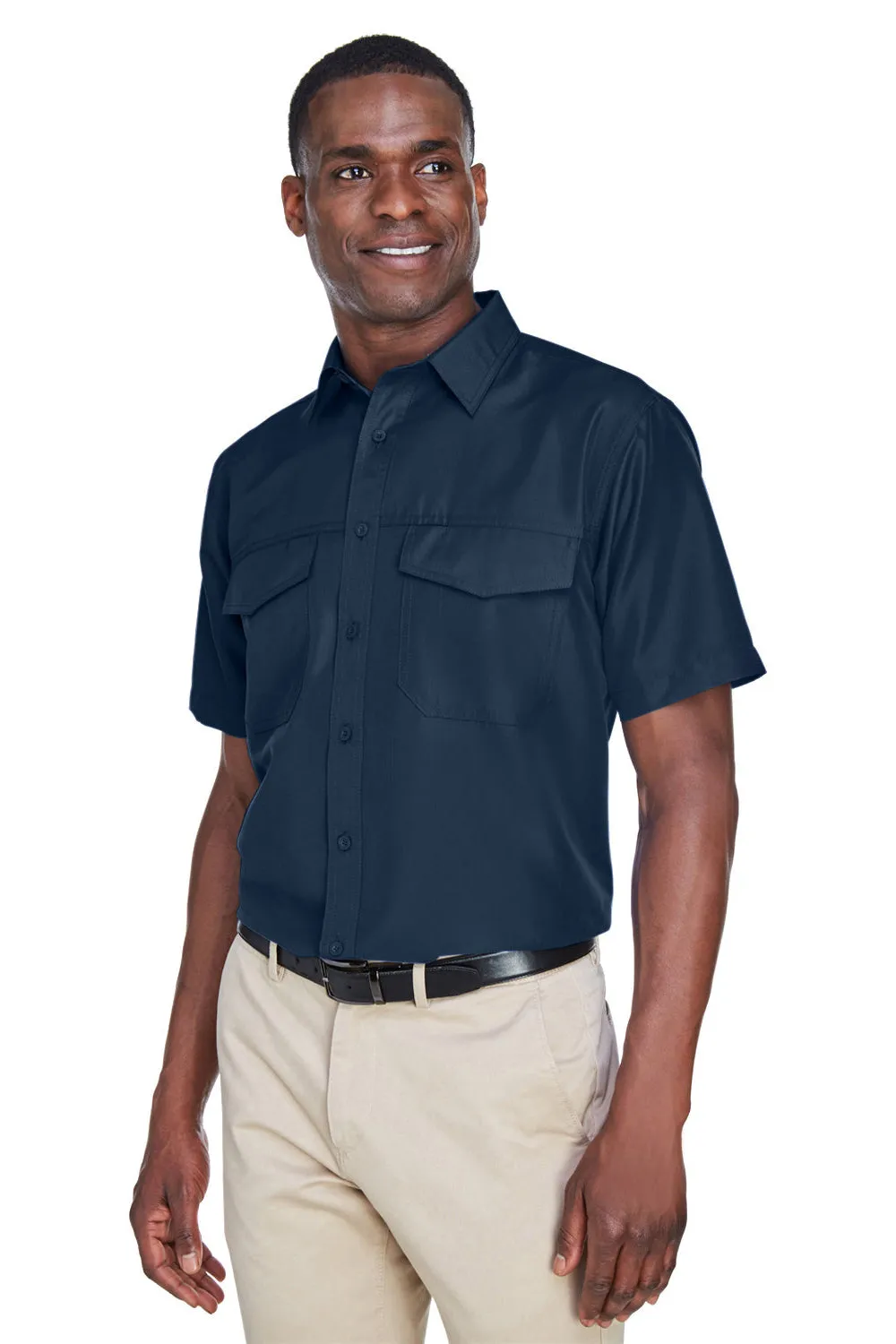 Harriton Mens Key West Performance Moisture Wicking Short Sleeve Button Down Shirt w/ Double Pockets - Navy Blue