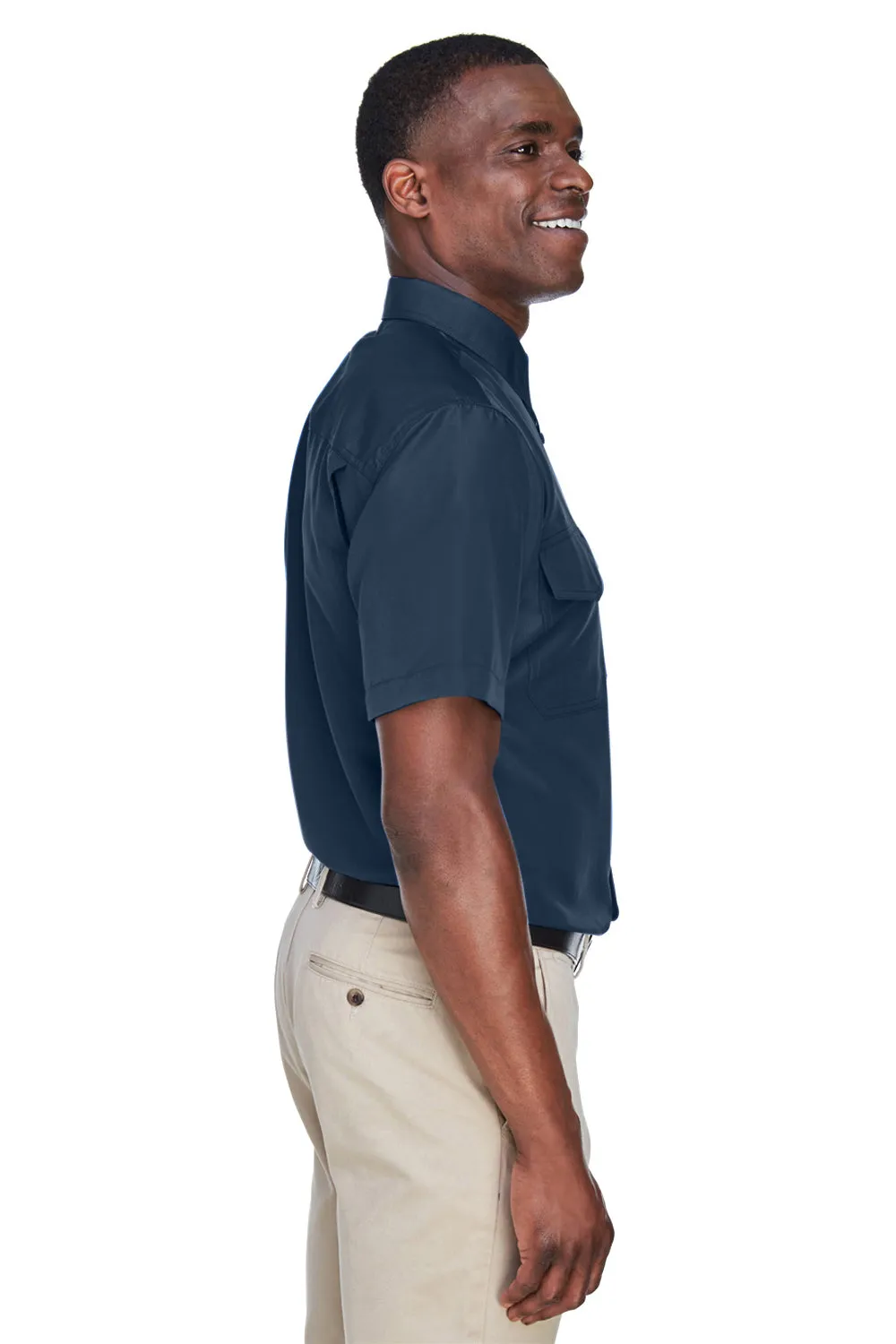 Harriton Mens Key West Performance Moisture Wicking Short Sleeve Button Down Shirt w/ Double Pockets - Navy Blue