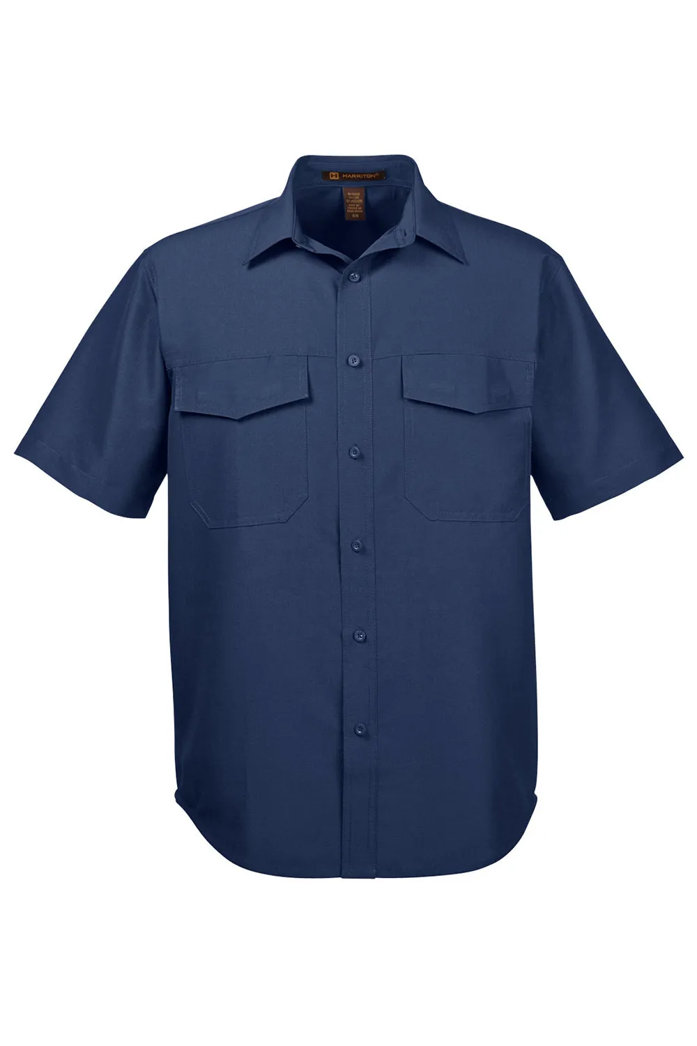 Harriton Mens Key West Performance Moisture Wicking Short Sleeve Button Down Shirt w/ Double Pockets - Navy Blue