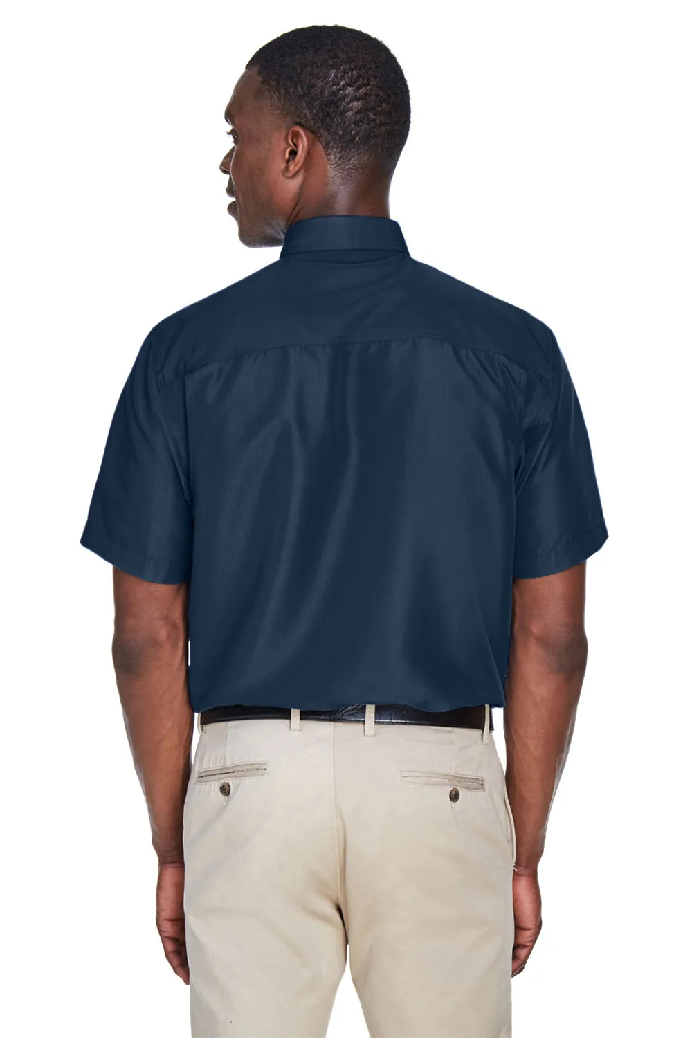 Harriton Mens Key West Performance Moisture Wicking Short Sleeve Button Down Shirt w/ Double Pockets - Navy Blue
