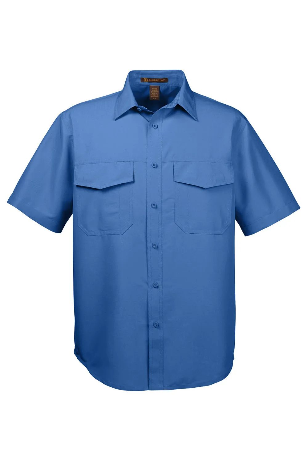 Harriton Mens Key West Performance Moisture Wicking Short Sleeve Button Down Shirt w/ Double Pockets - Pool Blue
