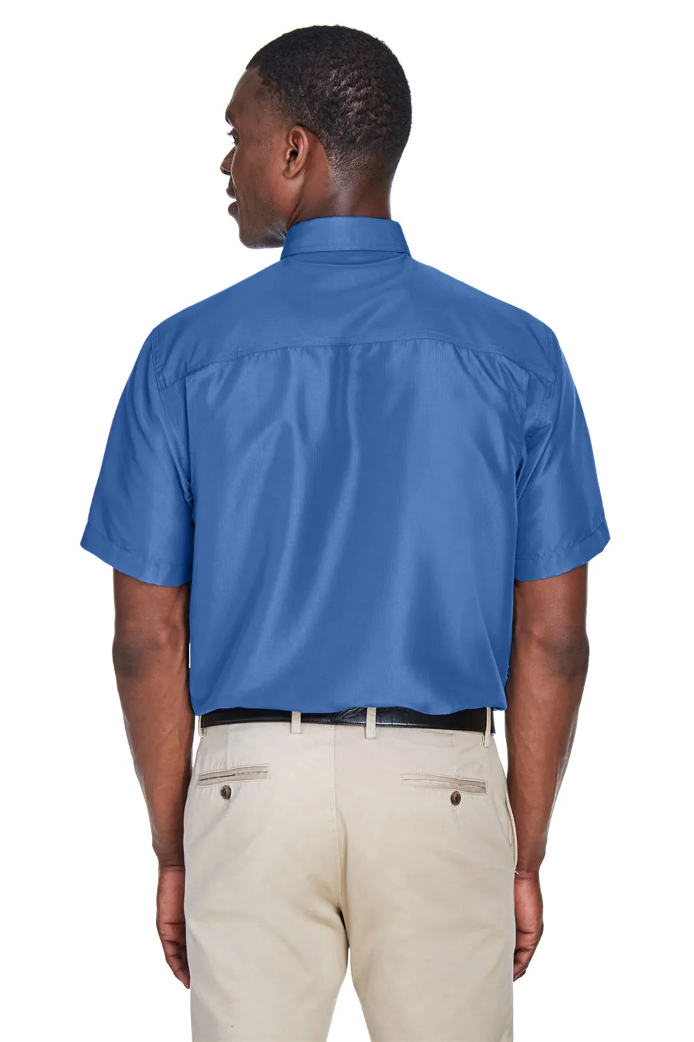Harriton Mens Key West Performance Moisture Wicking Short Sleeve Button Down Shirt w/ Double Pockets - Pool Blue