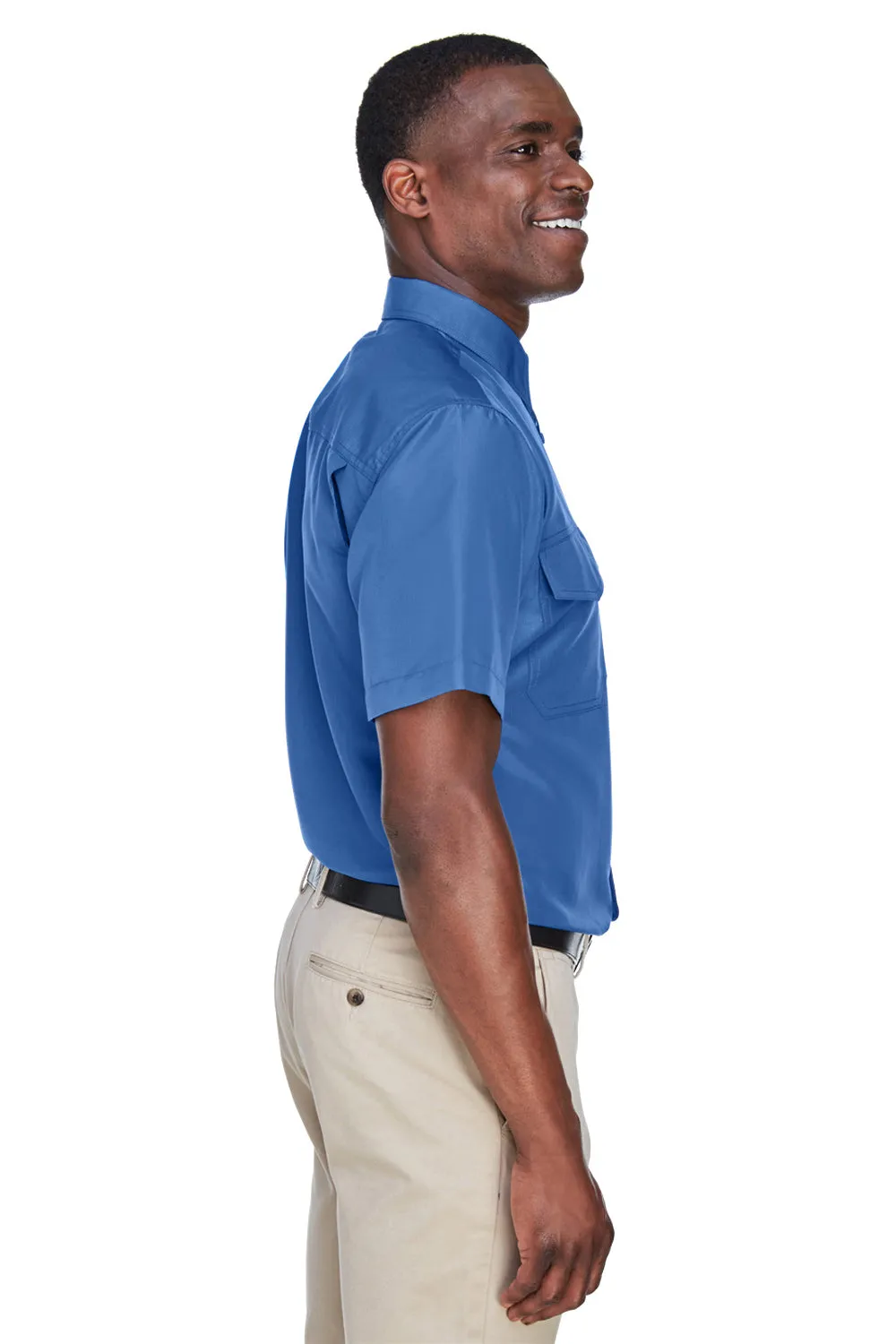 Harriton Mens Key West Performance Moisture Wicking Short Sleeve Button Down Shirt w/ Double Pockets - Pool Blue