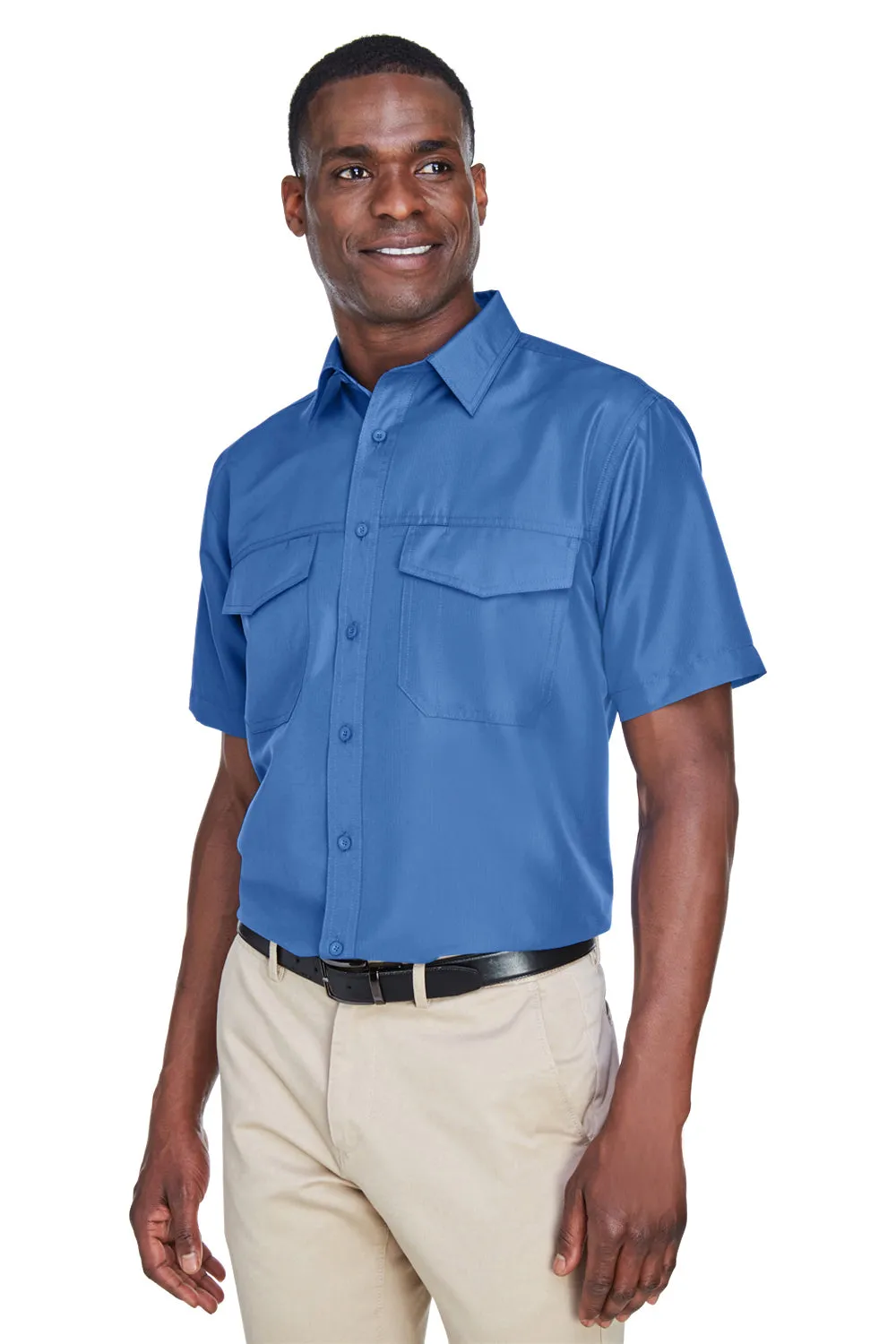 Harriton Mens Key West Performance Moisture Wicking Short Sleeve Button Down Shirt w/ Double Pockets - Pool Blue