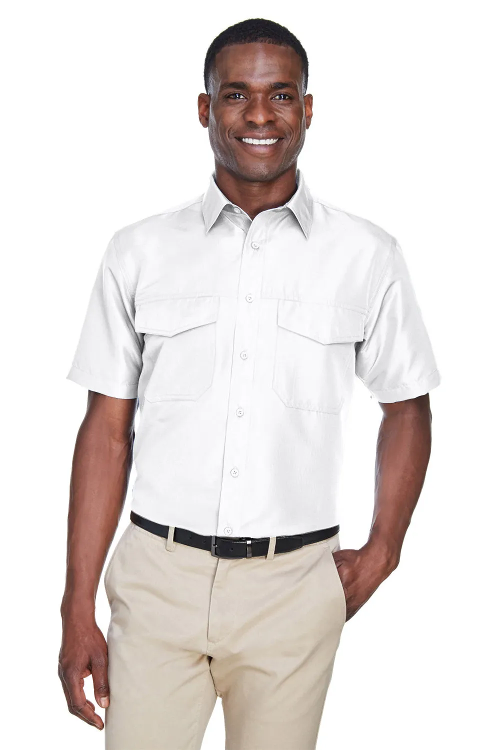 Harriton Mens Key West Performance Moisture Wicking Short Sleeve Button Down Shirt w/ Double Pockets - White