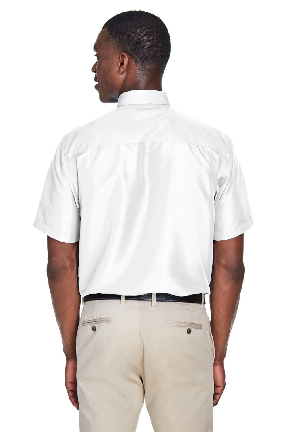 Harriton Mens Key West Performance Moisture Wicking Short Sleeve Button Down Shirt w/ Double Pockets - White