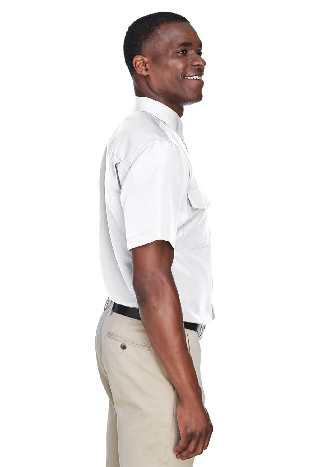Harriton Mens Key West Performance Moisture Wicking Short Sleeve Button Down Shirt w/ Double Pockets - White