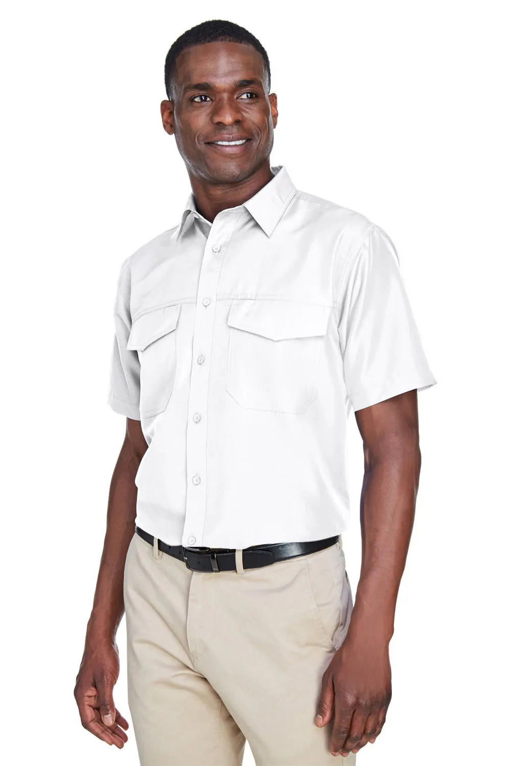 Harriton Mens Key West Performance Moisture Wicking Short Sleeve Button Down Shirt w/ Double Pockets - White