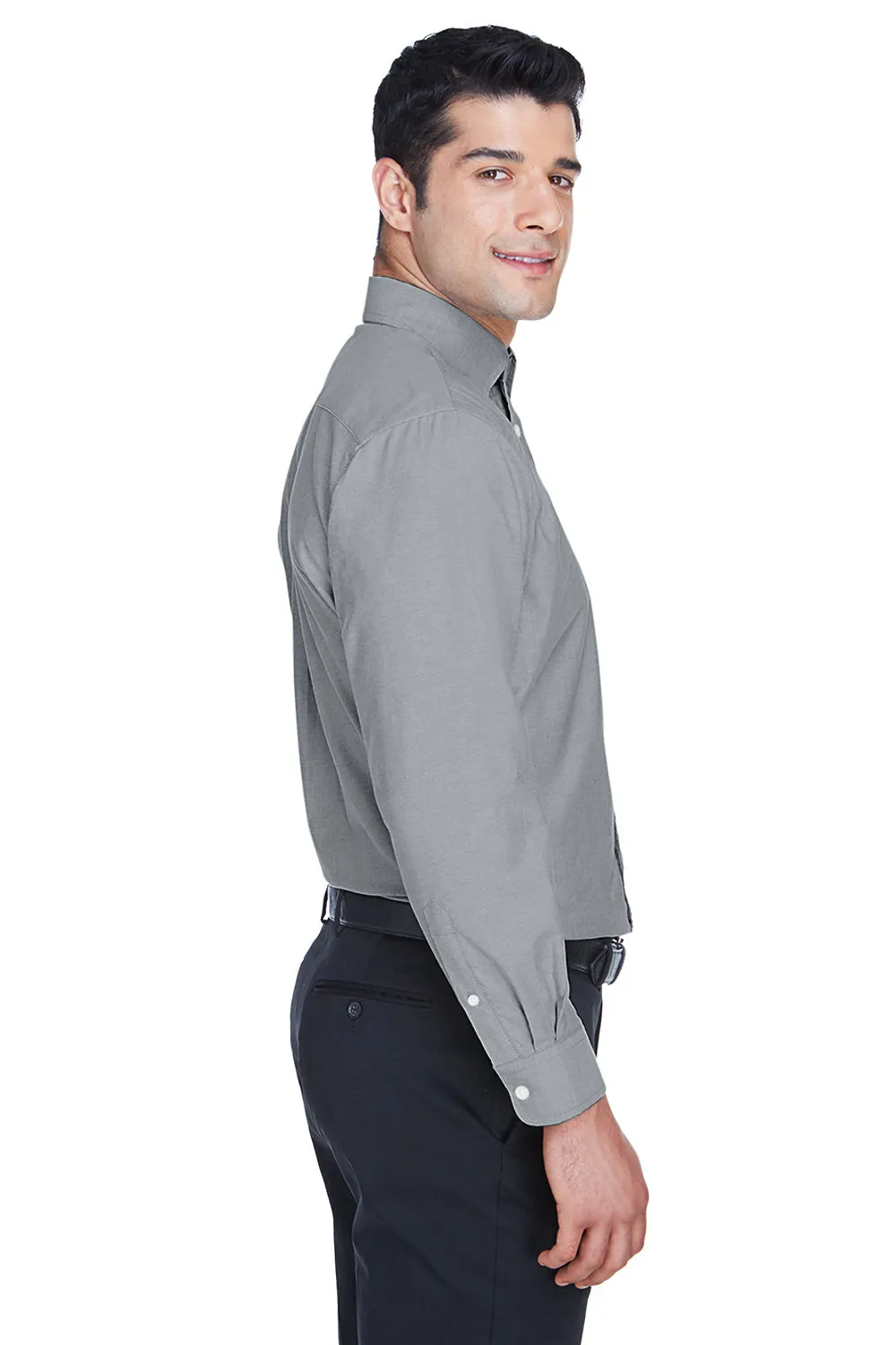 Harriton Mens Oxford Wrinkle Resistant Long Sleeve Button Down Shirt w/ Pocket - Oxford Grey