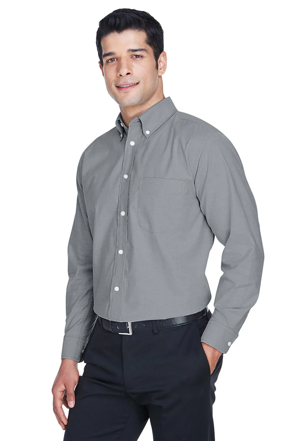 Harriton Mens Oxford Wrinkle Resistant Long Sleeve Button Down Shirt w/ Pocket - Oxford Grey