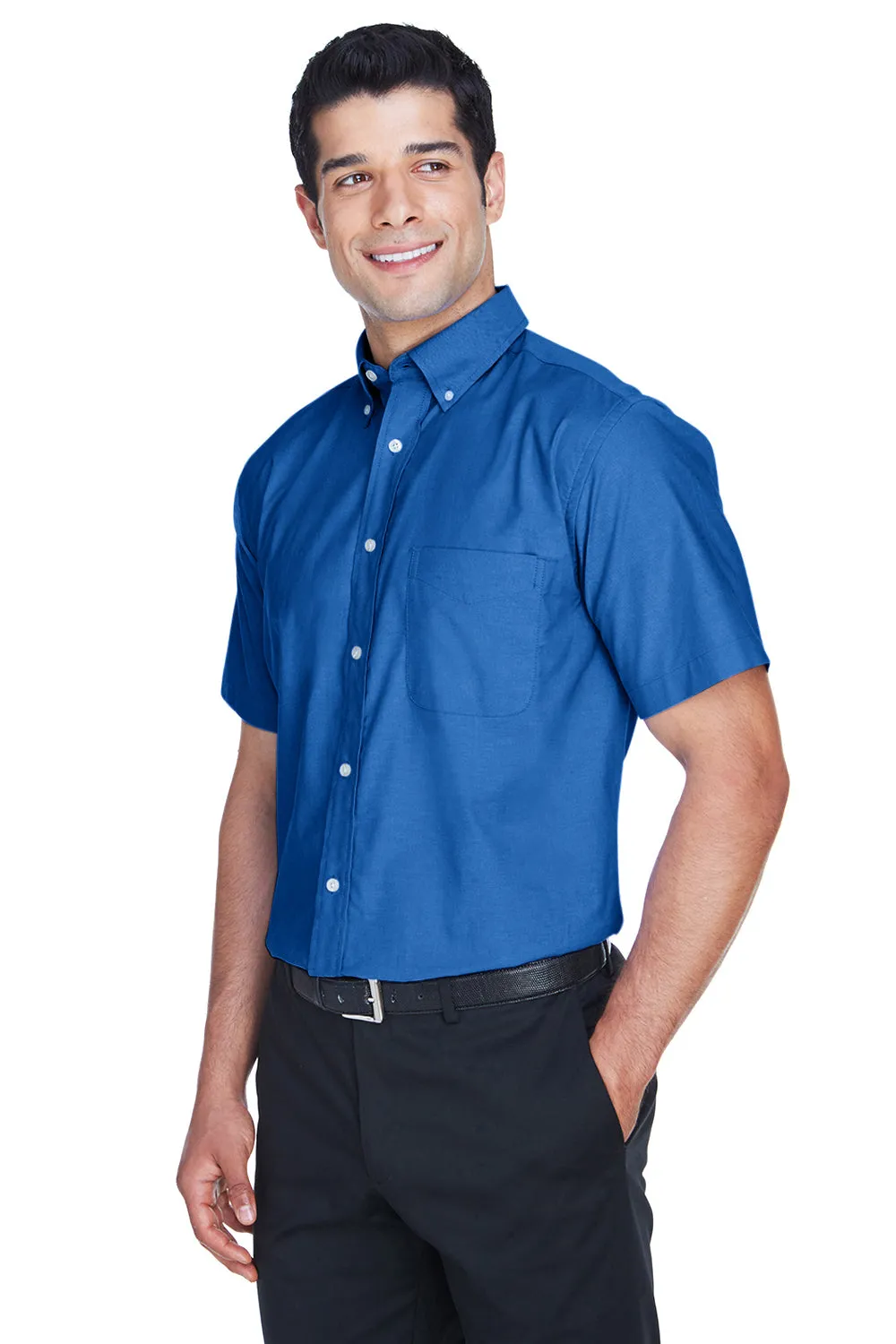 Harriton Mens Oxford Wrinkle Resistant Short Sleeve Button Down Shirt w/ Pocket - French Blue