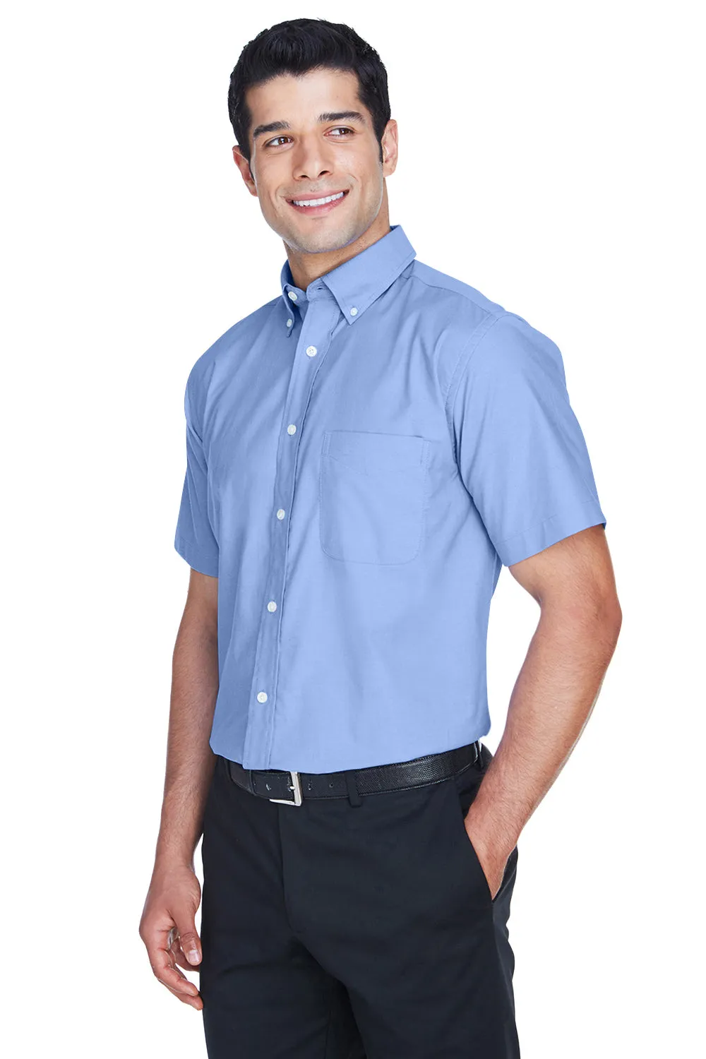 Harriton Mens Oxford Wrinkle Resistant Short Sleeve Button Down Shirt w/ Pocket - Light Blue - Closeout