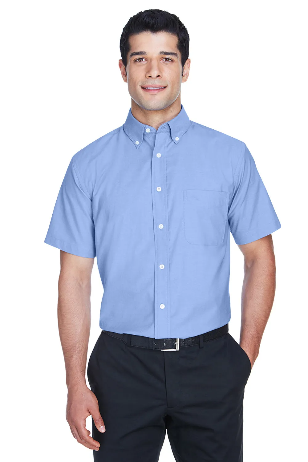 Harriton Mens Oxford Wrinkle Resistant Short Sleeve Button Down Shirt w/ Pocket - Light Blue - Closeout
