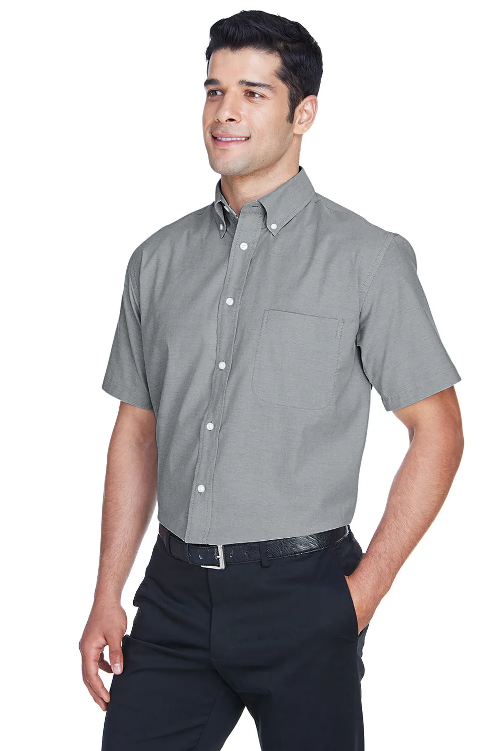 Harriton Mens Oxford Wrinkle Resistant Short Sleeve Button Down Shirt w/ Pocket - Oxford Grey