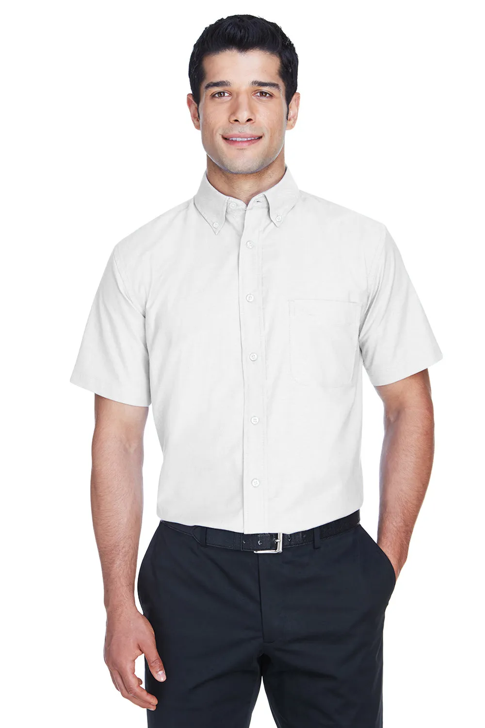 Harriton Mens Oxford Wrinkle Resistant Short Sleeve Button Down Shirt w/ Pocket - White - Closeout