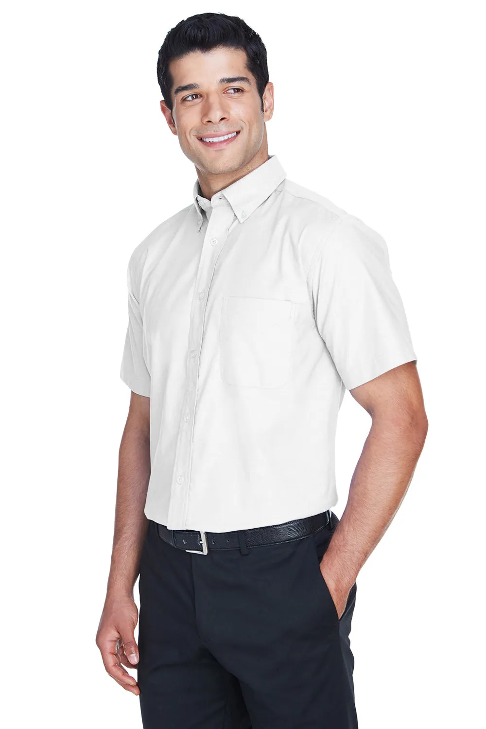 Harriton Mens Oxford Wrinkle Resistant Short Sleeve Button Down Shirt w/ Pocket - White - Closeout