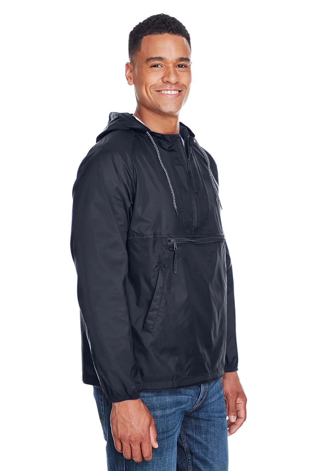 Harriton Mens Packable Wind & Water Resistant 1/4 Zip Hooded Jacket - Navy Blue