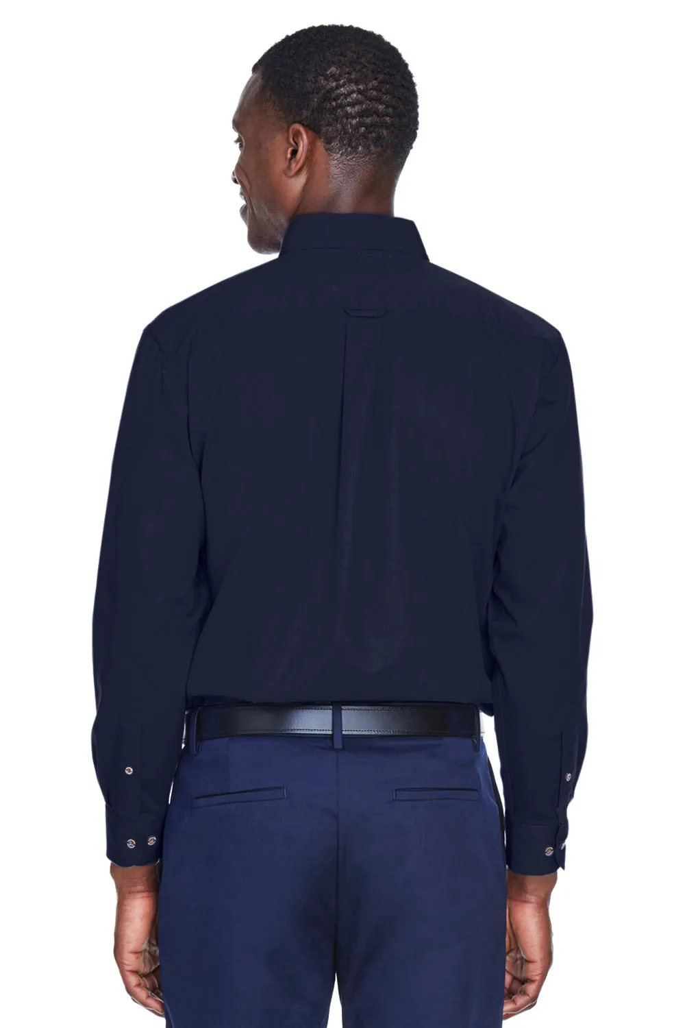 Harriton Mens Wrinkle Resistant Long Sleeve Button Down Shirt w/ Pocket - Navy Blue