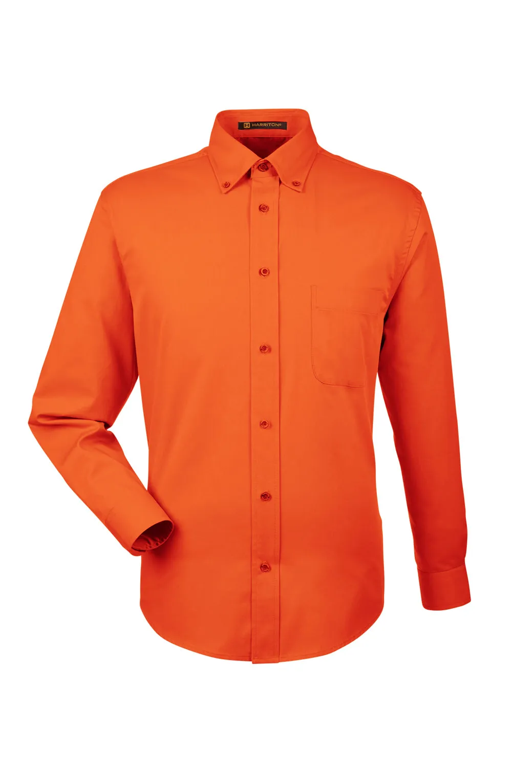 Harriton Mens Wrinkle Resistant Long Sleeve Button Down Shirt w/ Pocket - Team Orange - Closeout