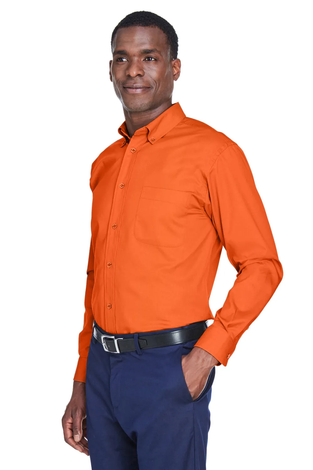 Harriton Mens Wrinkle Resistant Long Sleeve Button Down Shirt w/ Pocket - Team Orange - Closeout