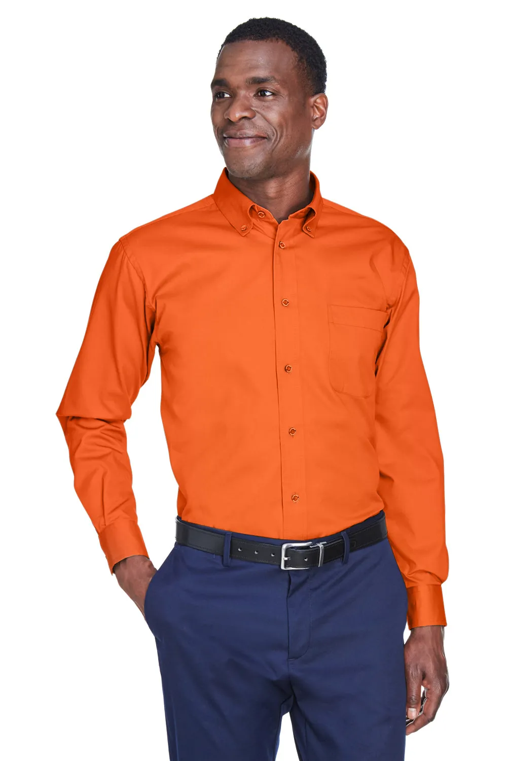 Harriton Mens Wrinkle Resistant Long Sleeve Button Down Shirt w/ Pocket - Team Orange - Closeout