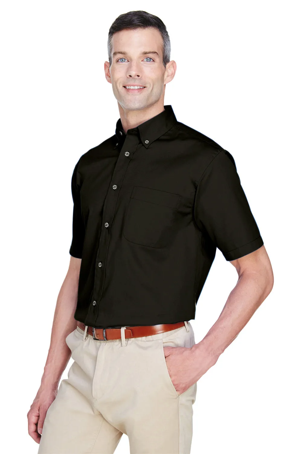 Harriton Mens Wrinkle Resistant Short Sleeve Button Down Shirt w/ Pocket - Black