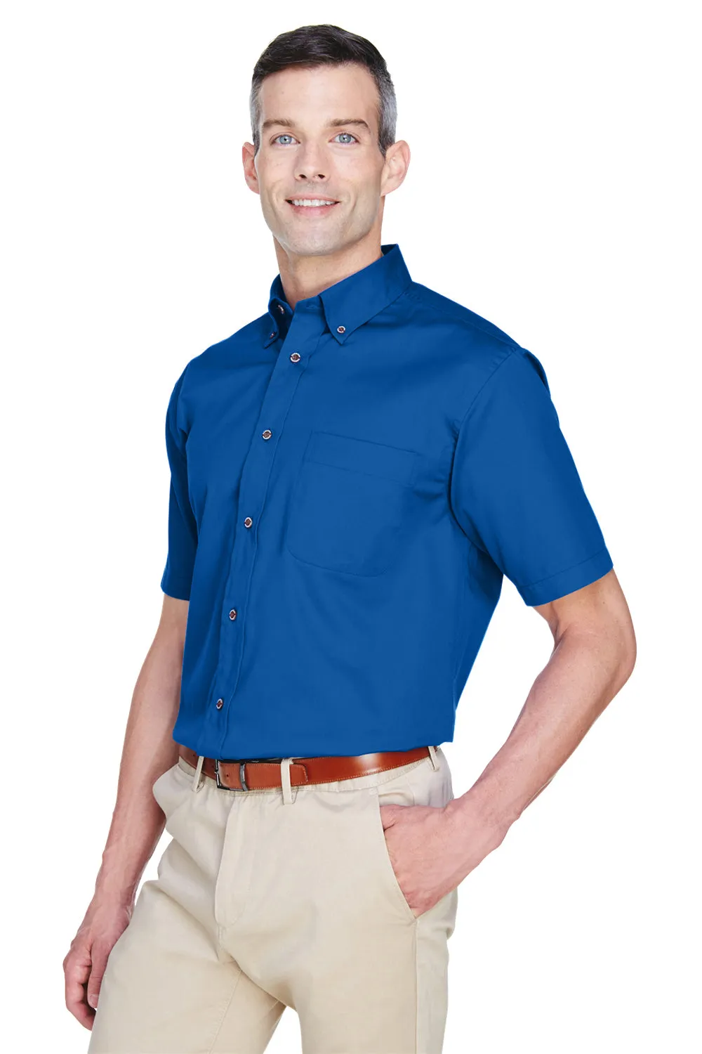 Harriton Mens Wrinkle Resistant Short Sleeve Button Down Shirt w/ Pocket - French Blue