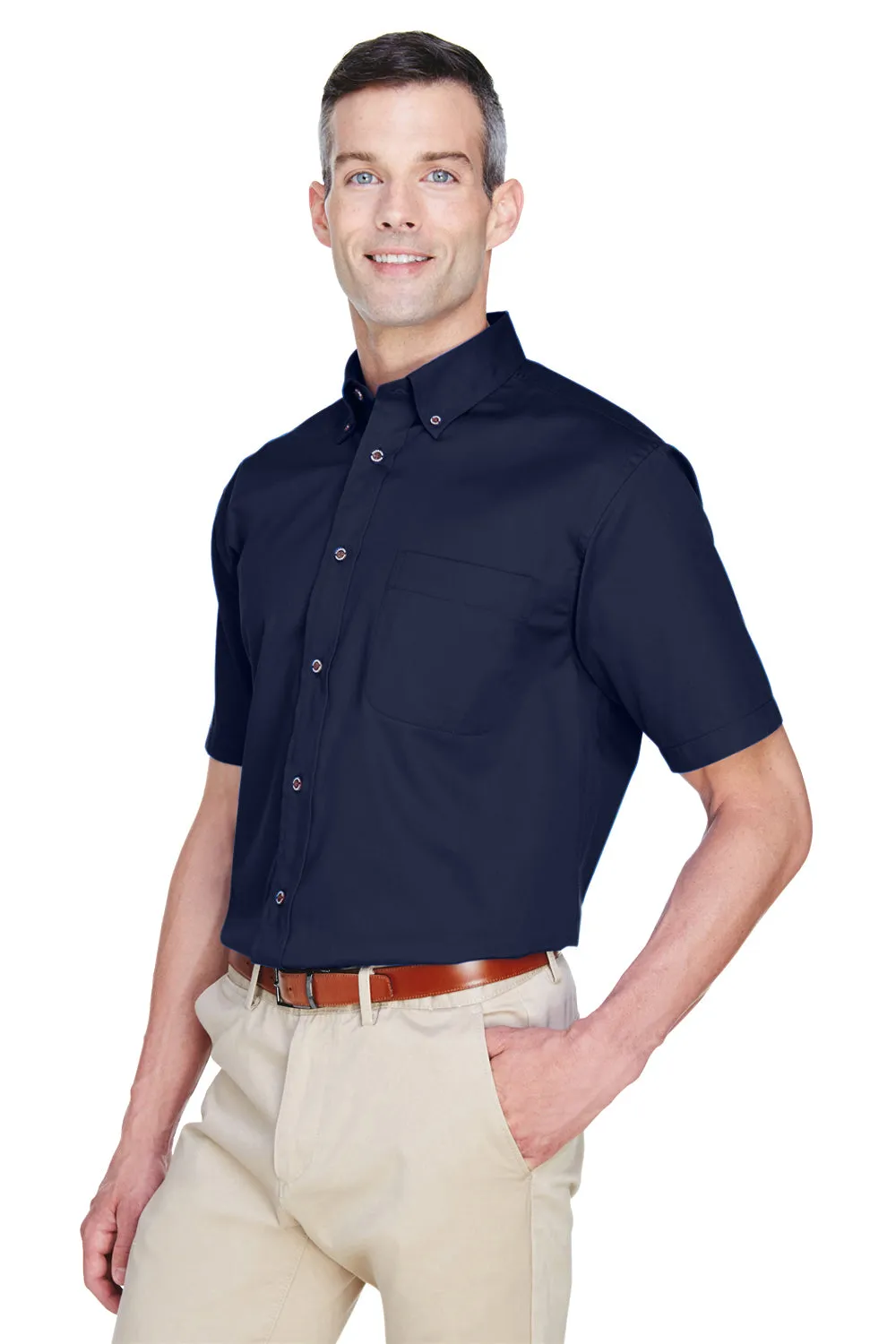 Harriton Mens Wrinkle Resistant Short Sleeve Button Down Shirt w/ Pocket - Navy Blue