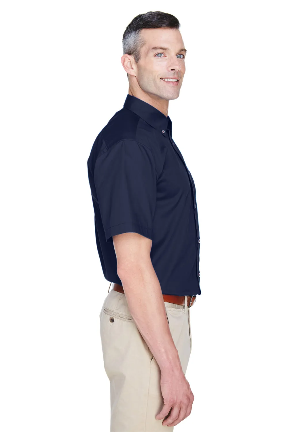 Harriton Mens Wrinkle Resistant Short Sleeve Button Down Shirt w/ Pocket - Navy Blue