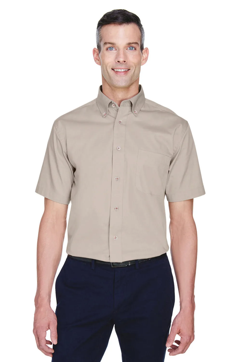Harriton Mens Wrinkle Resistant Short Sleeve Button Down Shirt w/ Pocket - Stone - Closeout